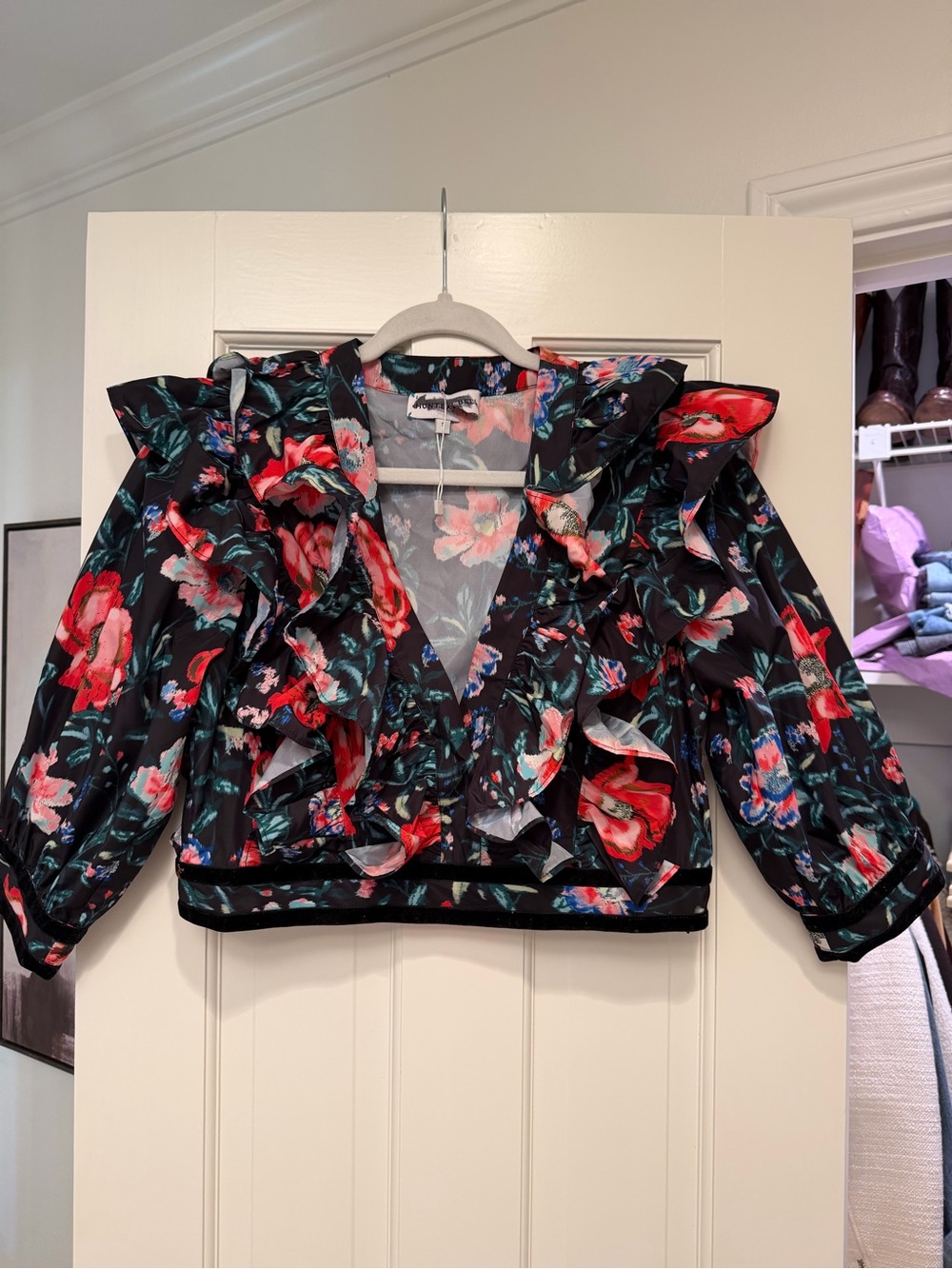 HUNTER BELL Black Floral Ruffle Crop Top with velvet trim